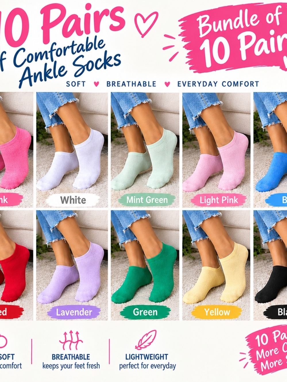 10 Pair Women’s Ankle Socks Low Cut Athletic Multicolored Cotton Breathable
